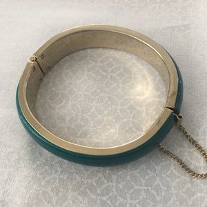 Vintage Gold tone & Aqua blue Enamel Hinged Bangle